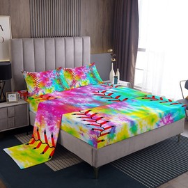 Kids Baseball Bedding Set Boys Girls Softball Sports Game Bed Sheet Set Girly Colorful Tie Dye Fitted Sheet Teens Men Baseball Gaming Bed Cover Rainbow Room Decor Full Size 4Pcs Bedding Sheet