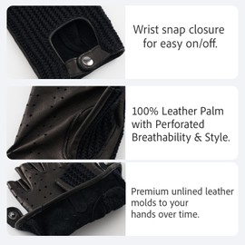 Hanotolo Mens Fingerless Driving Gloves - Lambskin Leather Crochet String Back for Cycling and Fishing, Black,L