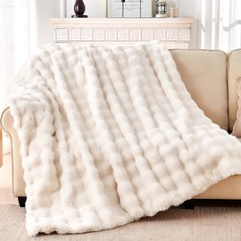 Luxury Faux Rabbit Fur Throw Blanket, Soft Bubble Fluffy Blanket Cozy Fuzzy Throw Blankets for Bed Sofa Couch, Decorative Thick Warm Plush Fuzzy Elegant Soft Mink Blanket (60" x 80",Cream White)