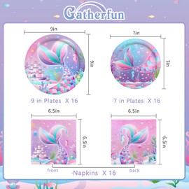 Mermaid Party Supplies Set for 16 Guests - Mermaid Birthday Decorations Kit Includes Dinner & Dessert Plates and Napkins for Mermaid Themed 1st Birthday Party Decorations