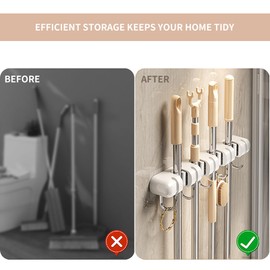 CWOVRS Broom Mop Holder Wall Mounted, Heavy Duty Broom Storage with 4 Slot 5 Hooks, Utility Room Storage Solutions for Broom Cupboard Kitchen Bathroom Garage & Garden Tool Organiser, 1 Pack, White