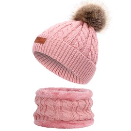 Martin Kench Children's Winter Beanie Hat Scarf Set Winter Hat Loop Scarf Set Children Unisex Knitted Bobble Hat Wool Scarf for Girls Women, pink
