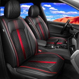 FiveFox Fit RAV4 Car Seat Covers for Select Toyota RAV4 2013-2024 2025/RAV4 Hybrid - Full Coverage Leather, Waterproof & All Weather Seat Cushion Protector, Full Set, Black with Red Trim