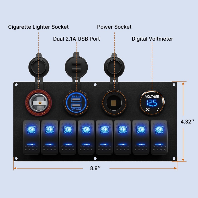 RVBOATPAT Marine Boat Switch Panel Waterproof 8 Gang 12V Rocker