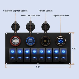 RVBOATPAT Marine Boat Switch Panel Waterproof 8 Gang 12V Rocker Switch Panel 12 Volt Toggle Switch Panel Blue LED Lighted for Automotive Car Truck, PN-L8S4-1