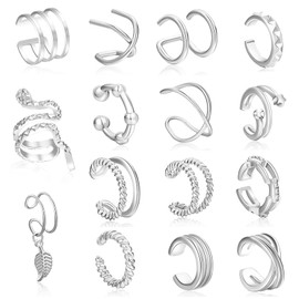 Nadiaen 15 Pcs Ear Cuff No Piercing,Clip On Earrings Women,Silver Ear Cuff,Ear Cuffs No Piercing,Cuff Earrings for Women,Cz Helix Cartilage Cuff Earrings Clip On Wrap Earrings For Women Girls