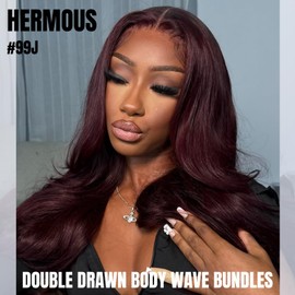 HERMOUS 12A Double Drawn 99J Dark Burgundy Human Hair Bundles Body Wave, Double Lifespan Than Regular Bundle Keep Silky & Soft After Washes Colored #99J Wine Single Bundles Raw Hair Quick Weave 12 IN