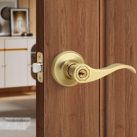 Moquin Brushed Gold 5 Pack Wholesale Wave Design Keyed Entry Door Lever with Lock(Keyed-Not-Alike), Reversible Door Handle for Right/Left Side Front/Entrance Door Lock, Satin Brass Finish