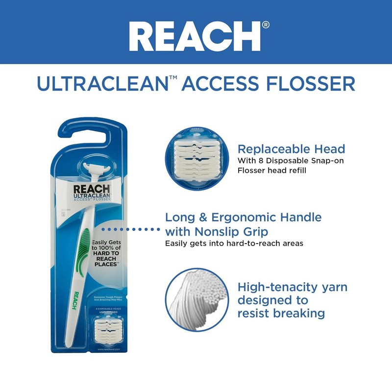 REACH Ultraclean Access Flosser + 8 Refill Dental Flosser Heads,
