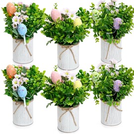 DIYDOFUN Spring Easter Table Decorations Centerpieces – Set of 6 Pre-Made Eggs Tabletop Arrangements with Rustic Metal Vase for Farmhouse Dining Room Home Kitchen Indoor Party Office Decor