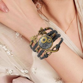 Gmamasim Home Sunflower Gifts Sunflower Leather Bracelet for Women Teen You are My Sunshine Boho Bracelets for Wife Daughter Mom Birthday Friendship Bracelets Gifts for Her (A-Black)