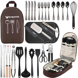 Wesqunie Camping Cookware Cooking Utensils Set - 30Pcs Camping Kitchen Essentials Set, Portable Outdoor Camping Gear Accessories, Stainless Steel & Silicone, Camping Equipment for RV Picnic Grill