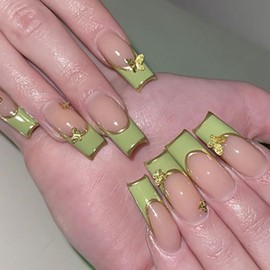 Press on Nails Medium Long Square BAOYAALIN, Green Fake Nails with 3D Gold Butterfly Charms Design Gel Glue on Nails for Women Girls Full Cover Acrylic Artificial False Stick on Nail for Wedding 24Pcs