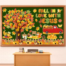 gisgfim Fall Bulletin Board Decorations Fall in Love with Jesus Paper Cutouts Christian Fall Tree Bulletin Board Set for Religious Autumn Thanksgiving Classroom Home Wall Decor Supplies