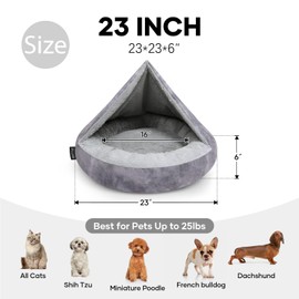 Cozy Soft Dog Bed with Hooded Blanket Warm Calming Cat Cave for Small Medium Dogs and Cats, Non-Slip Bottom & Machine Washable Pet Beds, Grey 23x23x6″