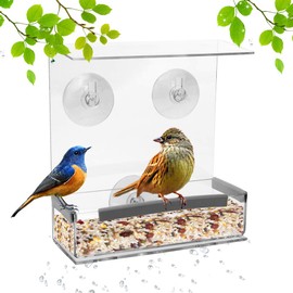 Window Bird Feeder with Strong Suction Cups, Kitchen Window Bird Feeder Acrylic Hanging Bird Feeder Outdoor Suction Bird House for Outside Wild Birds Cardinal, Blue Jay, Finche, Chickadee (Flat Roof)