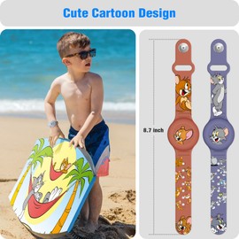 2 Pack AirTag Bracelet for Kids, Waterproof Cute Cartoon Air tag Holder for Kids with Watch Band Design, Full Coverage Silicone Airtag Hidden Accessories for Child, Healthy Material Brown + Grey