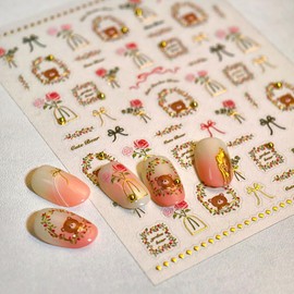 Flower Nail Art Stickers Spring 5D Embossed Nail Decals Stickers Gold Floral Rose Bow Bear Design 1PCS DIY Self Adhesive Nail Art Supplies for Women Summer Manicure Decoration Accessories