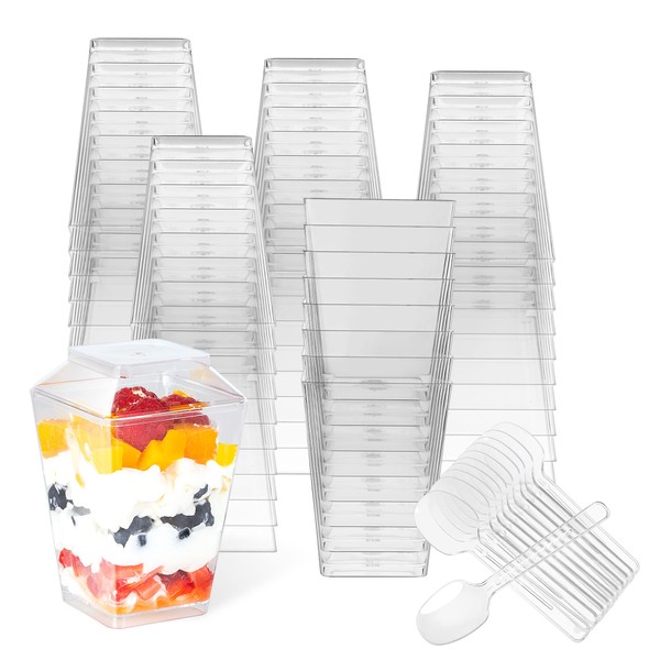 HawHawToys Dessert Cups, 60 Pack 5.4oz Appetizer / Parfait Cups Clear Plastic with Lids and Spoons