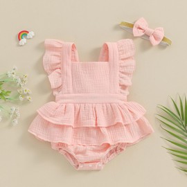 MERSARIPHY Newborn Baby Girl Summer Outfit Linen Ruffle Bubble Romper Dress One Piece Bodysuit Jumpsuit Infant Summer Clothes (Pink, 3-6 Months)
