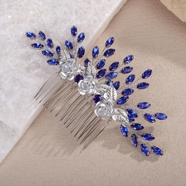 Rumtock Blue Rhinestones Beads 3D Petal White Flower Hair Comb for Wedding Brides Women Banquet Vintage Hair Accessories (Blue)