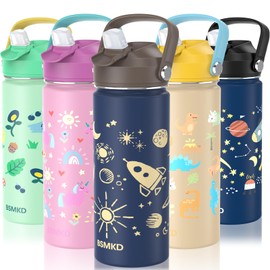 BSMKD Botella de Agua para Niños, Botella de Acero Inoxidable para Niños y Niñas, 18oz Termo de Agua Aislada Reutilizable con 2 Pajitas, 100% A Prueba de Fugas, para Escuela (Azul Oscuro)