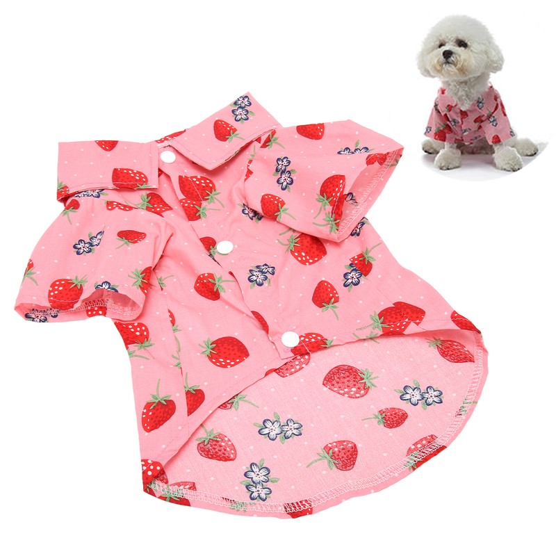 Dog Summer Shirts Cute Strawberry Print Turn Down Collar Snap