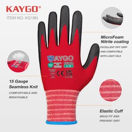 KAYGO Safety Work Gloves MicroFoam Nitrile Coated 3 Pairs, KG18N, Seamless Knit Nylon Glove with Abrasion and Oil Resistant Grip, Ideal for General Purpose, Automotive, DIY (Large, Red)