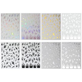 8 Sheets Irregular Flame Nail Art Stickers Metallic Silver Nail Stickers for Nail Art Black White Gold Flame Nail Decals Y2k Nails Stickers Self Adhesive Stickers for Nails Design Women Nail Supplies