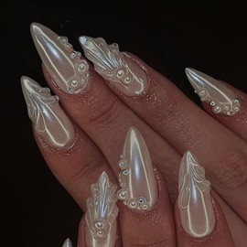 YOSOMMK White Acrylic Press on Nails Almond Shaped Medium Nails Press ons 3D Pearl Rhinestone Artificial Fake Nail with Design Wedding Glue Stick on False Nail for Women in 12 Sizes - 24 Pcs