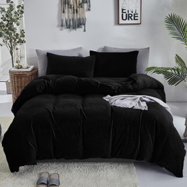 KAREVER Black Velvet Comforter Set - Cal King Flannel Bedding - 3 PCs Warm Soft Solid Black California King Flannel Comforter Winter Blanket Set