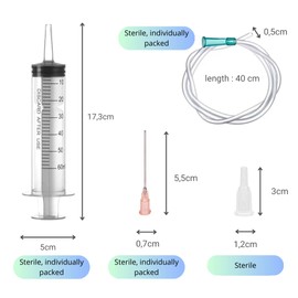 Pack of 2 Syringes 60 ml/cc with Hoses and Blunt Needles, Reusable, Individually Packed, Sterile, Measuring Liquids, Plant Watering, Animal Feeding, Scientific Laboratories, Industry