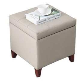 Adeco 18" PU Storage Ottoman, Upholstered Square Faux Leather Foot Rest - Flip Top Footstool with Sturdy Wood Legs, Small Cube Coffee Table Extra Seat for Living Room, Bedroom, Elephant Grey