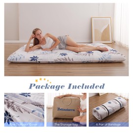 Zelladorra Japanese Floor Mattress, Futon Mattress with Portable Storage Bag and Washable Cover, Roll Up Thick Tatami Mat Suitable for Camping, Guest Room, White Leaf, Full