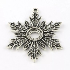 The Slippery Pearl Large Snowflake Pendant Cabochon Setting Antiqued Silver Winter Jewelry 46mm