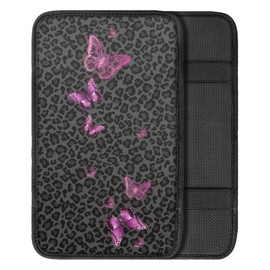 Quelytytrip Black Leopard Butterfly Car Center Console Cover,Car Armrest Cover Cushion,Universal Butterfly Car Accessories
