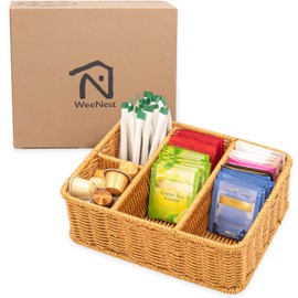 WeeNest Tea Bag Holder Organizer, Sugar Packet Holder, Tea Organizer for Tea Bags, Coffee Holder for K Cups, K-Cup Storage, K Cup Basket, Condiment Organizer, Resin Wicker, Latte