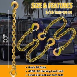 SENKEYFE 5/16" Trailer Safety Chain-G80 Tow Chain with G70 Clevis Safety Hooks|4900 lbs Safety Working Load|36 Inch Transport Chain Holder with Heavy Duty|Truck Towing Binding Equipment(2-Pack)