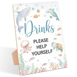Under The Sea Baby Shower Table Sign, Drinks Sign, Pack of 1 Wooden Tabletop Sign with Stand, Sea Creatures Ocean Baby Shower Supplies, Gender Reveal Party Decorations - RG45