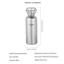 Ti artisan Titanium Water Bottle, Ultralight Sports Bottle, Leakproof for Outdoor, Camping and Hiking (600ml)