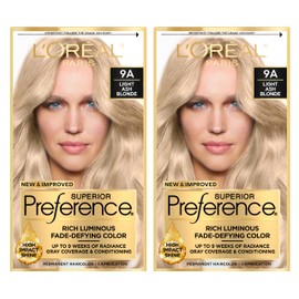 L'Oreal Paris Superior Preference Luminous Fade-Defying Permanent Hair Color, Hair Dye For Up to 9 Weeks of Radiance, Light Ash Blonde 9A, 1 Hair Dye Kit (Pack of 2)