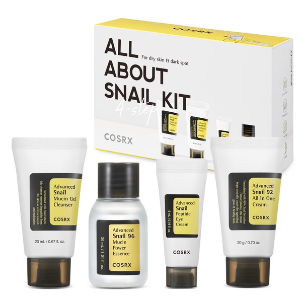 COSRX All About Snail Korean Skincare | TSA Approved Travel Size, Gift Set with Facuak Cleanser, Essence, Cream & Eye-cream, Repairing, Recovering, Rejuvenating Kit with Snail Mucin, Korean Skincare