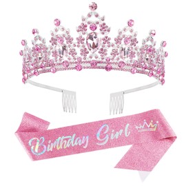 SuPoo Pink Birthday Crown and Sash Kit - Tiara With Rhinestones, Metal Crown With Comb, Glitter Sash, Crystal Headband, Princess Tiaras for Girls - Happy Birthday Decorations