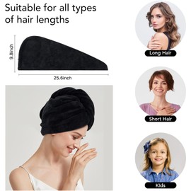 SINLAND Gorro de microfibra para secado de pelo, turbante para cabello largo, toallas de secado rápido, turbante de cabeza, absorbente, suave, ligero, paquete de 3 unidades, color negro