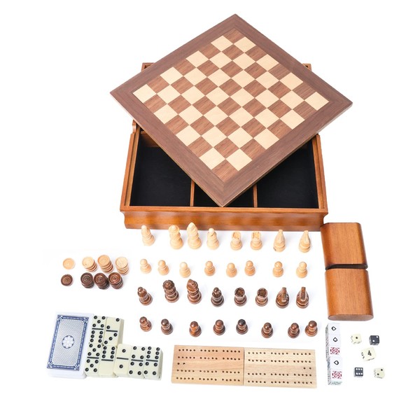 GSE Wooden 7-in-1 Board Game Set - Chess, Checkers, Backgammon, Dominoes, Cribbage Board, Playing Card & Poker Dice Game Combo Set (Old Fashioned)