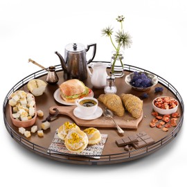 Farmhouse Oak 24" Lazy Susan Turntable Organizer for Cabinet, Round Wooden Lazy Susan Organization and Storage for Dining Table, Pantry, Kitchen, Countertop, Cupboard,Home Decor, Walnut