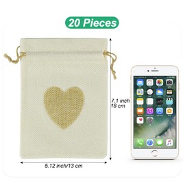 20 Pieces Drawstring Gift Bags, 13x18cm Hessian Bag with Heart Jute Jewellery Sweet Storage Pouch for Wedding, Party, Birthday, Festival, DIY Crafts Decoration Favors(Beige)