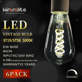 Kiraralite ST19(ST58) LED Smoky Grey Glass Edison Bulb, Vintage, 6 Pack, Daylight 5000K, Antique Flexible Spiral LED Filament Light Bulb, Dimmable, 300LM, 4.5W Equivalent to 40W, E26 Base