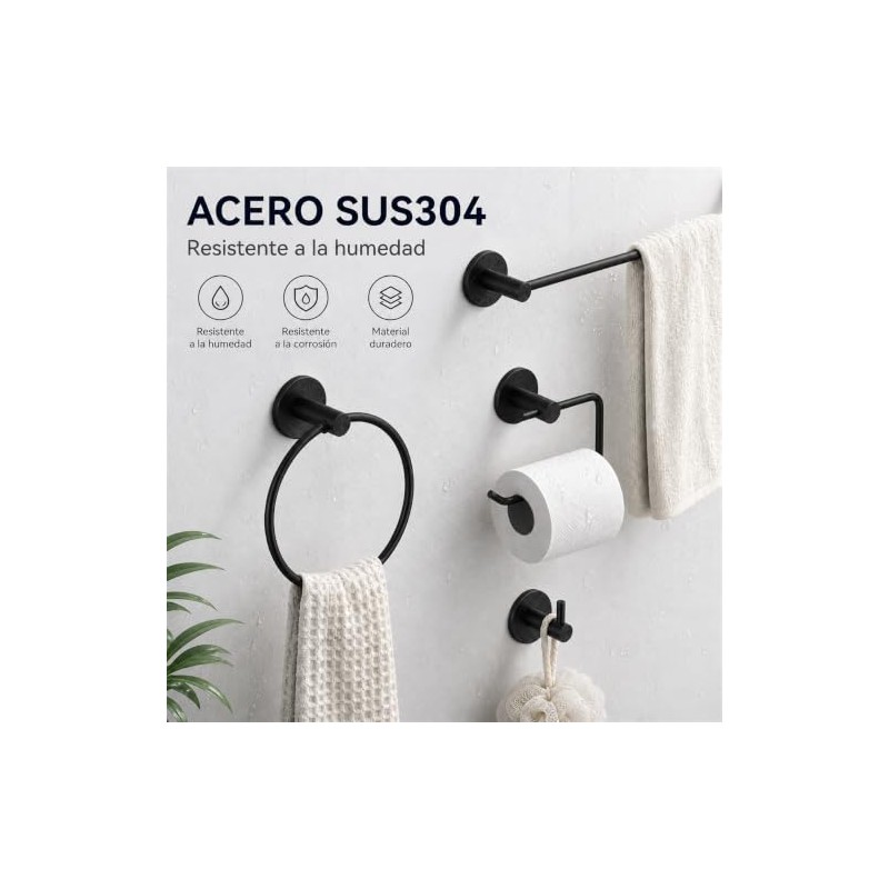 Juego 4 Piezas Accesorios de Baño Sin Taladrar, SUS304, Negro