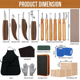 Wood Carving Knife & Tool Set – 18-Piece Kit with Walnut Knives, Pens, Basswood Blocks, Gloves, Leather Strop, Apron & Case – Spoon Carving, Whittling & DIY Wood Craft Kit